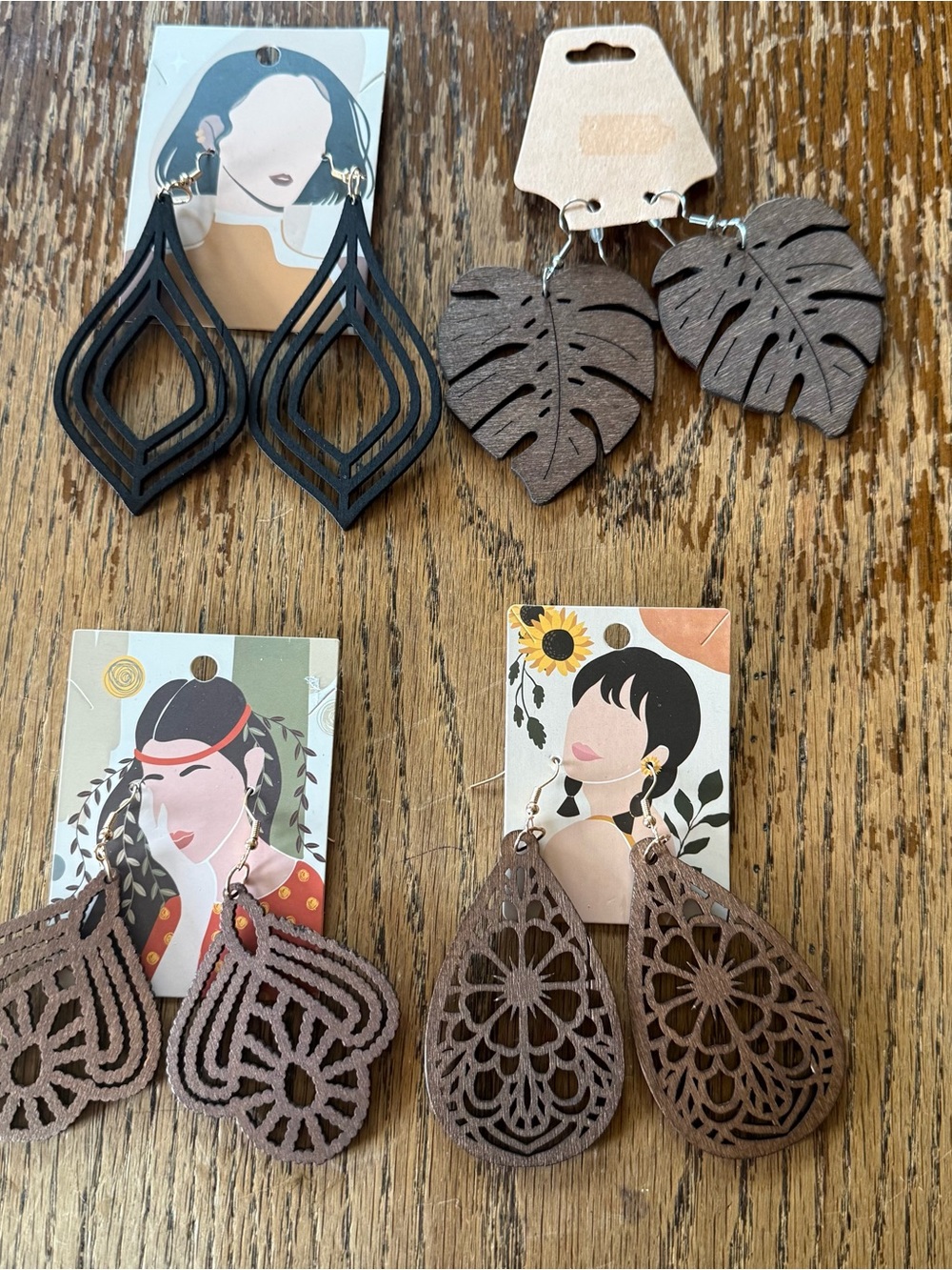 4 Pairs Wooden Dangle Earrings Boho Laser Cut Filigree Teardrop Jewelry Set